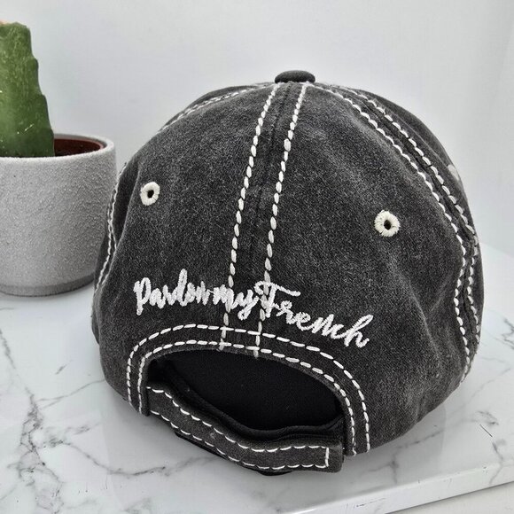 boho Pardon My French embroidered gray canvas adjustable baseball hat - Picture 5 of 8